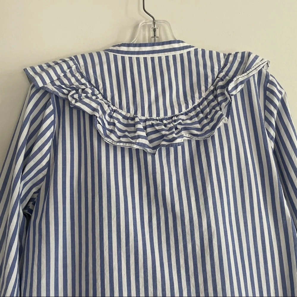 MADEWELL STRIPED RUFFLE FRONT BLOUSE BLUE WHITE - Picture 12 of 13